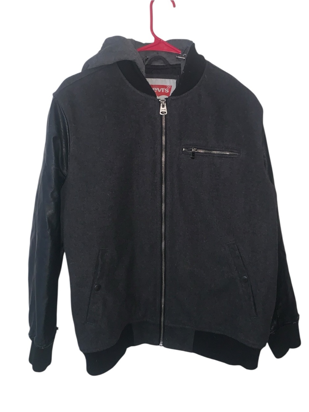 Levi's Charcoal Gray Bomber Jacket Wool Faux Leather Sleeves Hooded